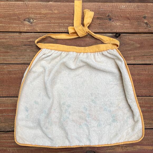 Vintage 70s Terry Cloth Half Apron Fruit Floral Print Retro Oranges Apples Roses - Picture 2 of 12